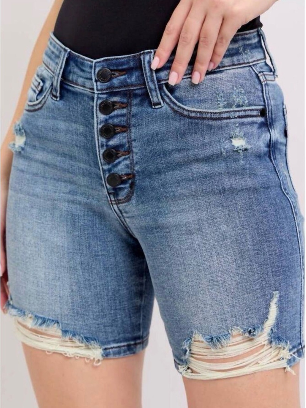 Cotton Distressed Denim Bermuda Shorts - Blue NWT